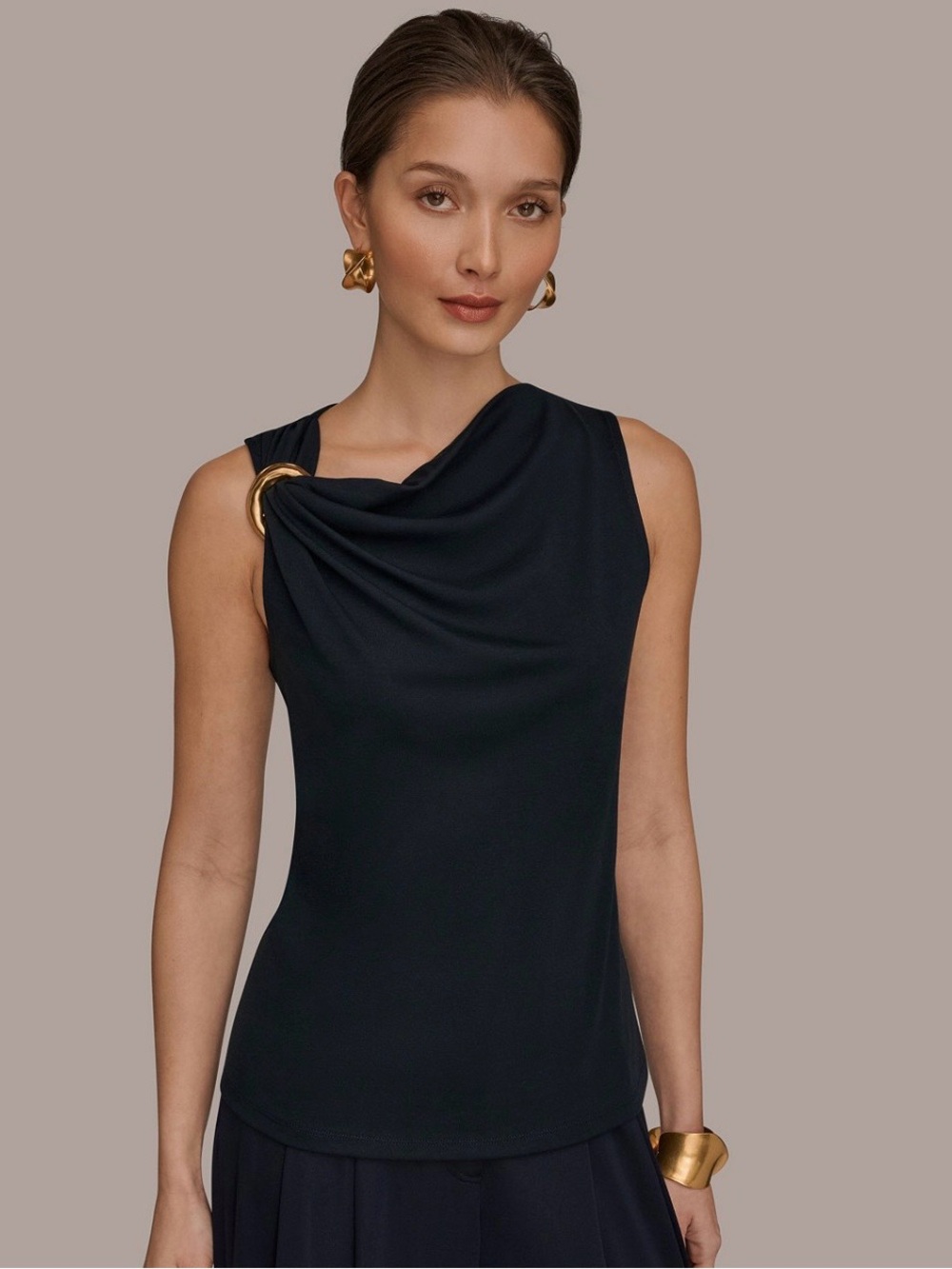 Donna Karan Nightfall dark blue  One-Shoulder Cowl Neck Top with Gold Accent
